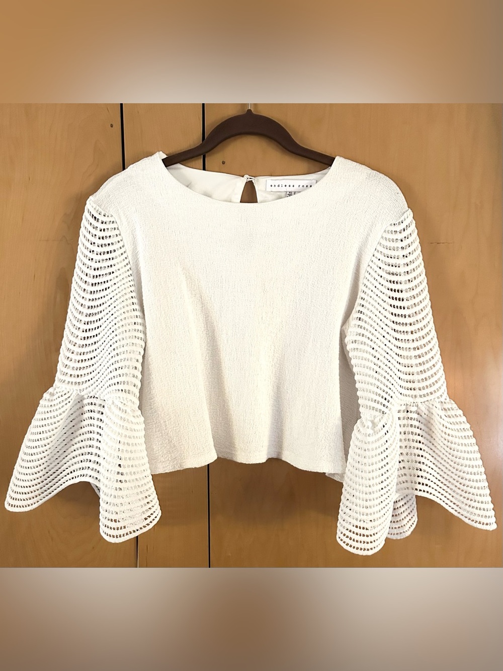 Endless Rose White Bell Sleeve Crop Top Textured Crepe Open Lattice XS